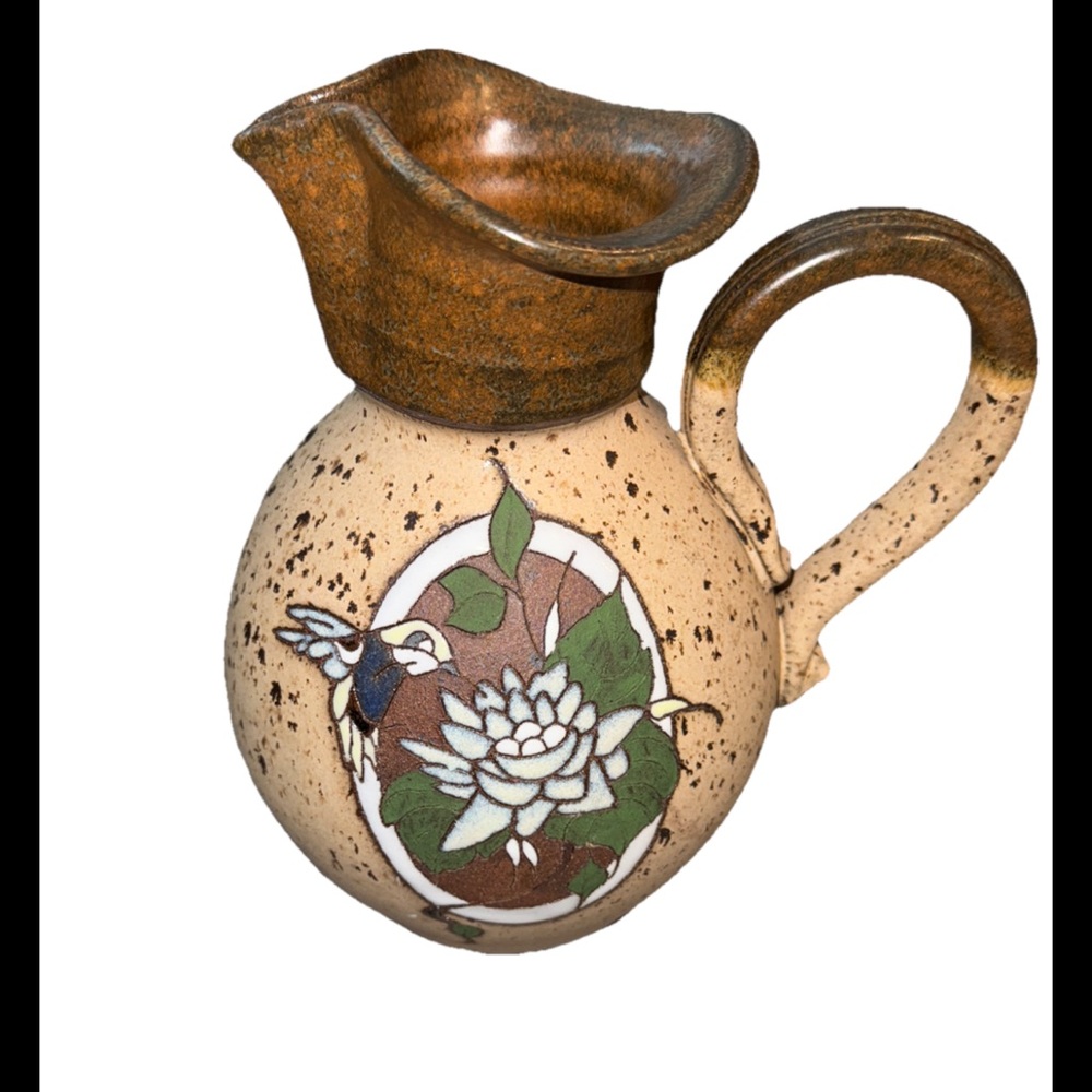 Clayey hummingbird Rustic Ceramic Pitcher with Floral Design